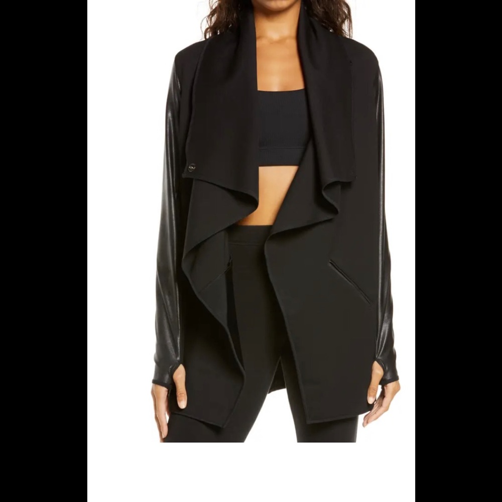 Spanx drape front faux leather black  coat M Nwot
